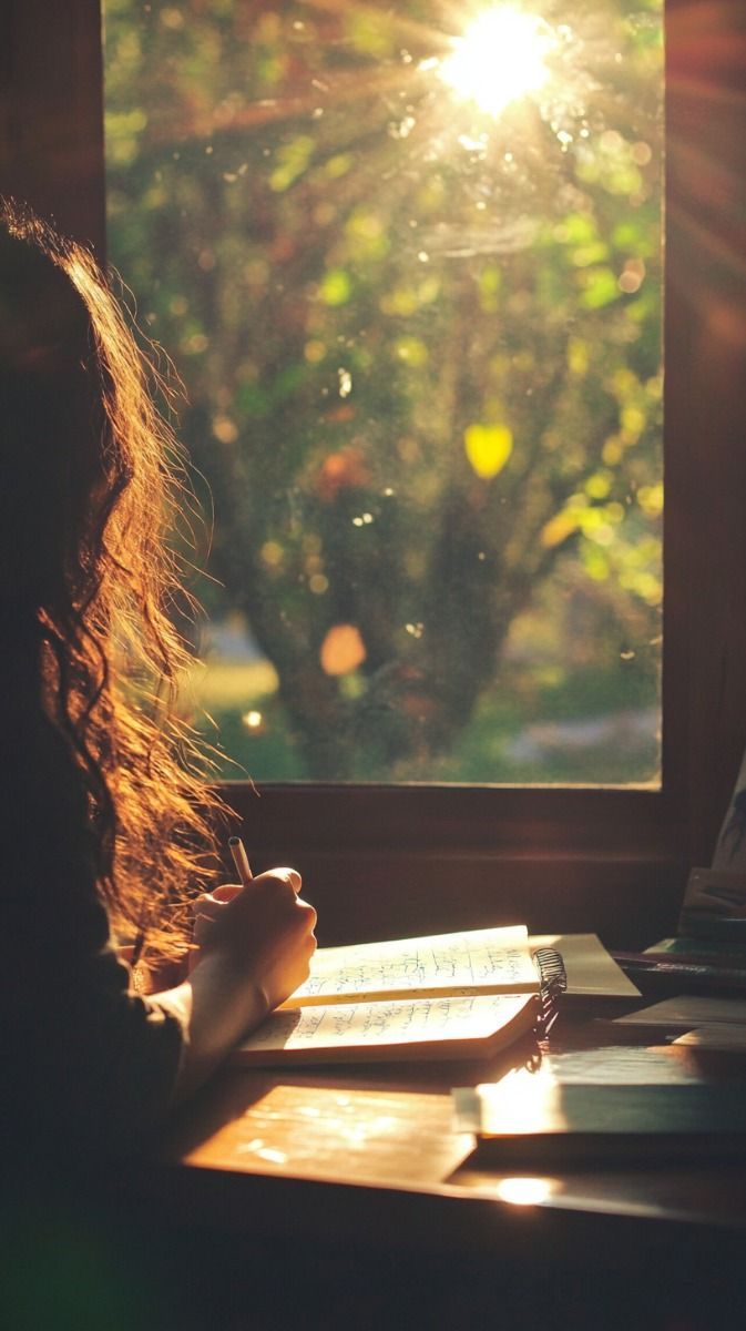 A girl seated at window journalling with the sunrise outside