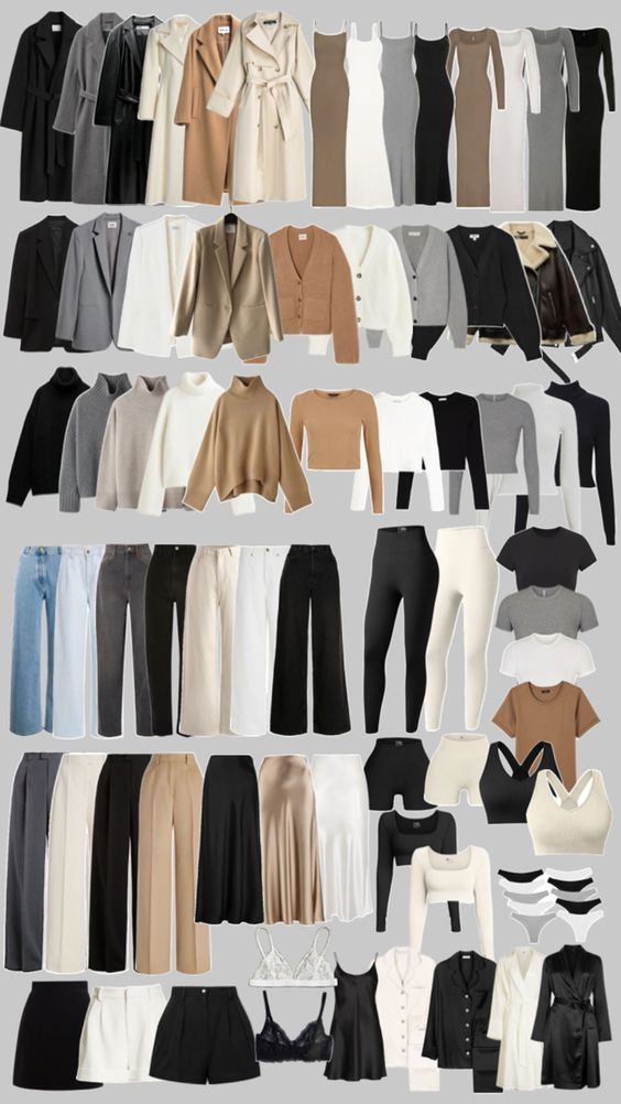 Curated wardrobe with neutral outfits hanging